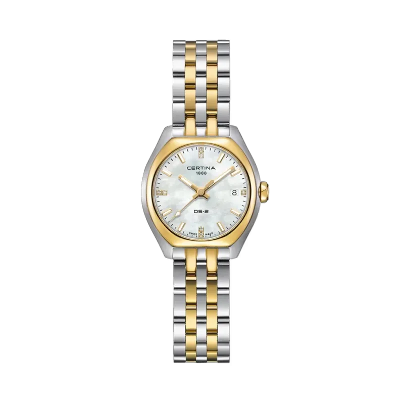 Certina DS-2 Lady 049.210.22.116.00 dameklokke med hvit perlemorskive, quartzverk og lenke i tofarget stål.