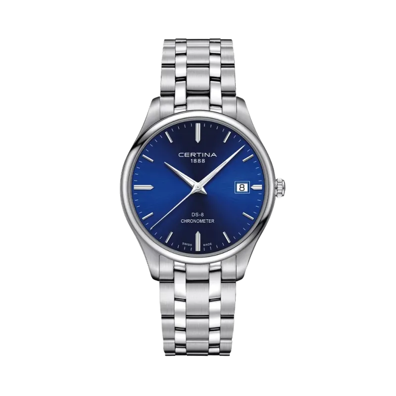 Certina DS-8 C033.451.11.041.00 herreklokke på 40 mm med quartzverk, grønn skive og skinnrem.