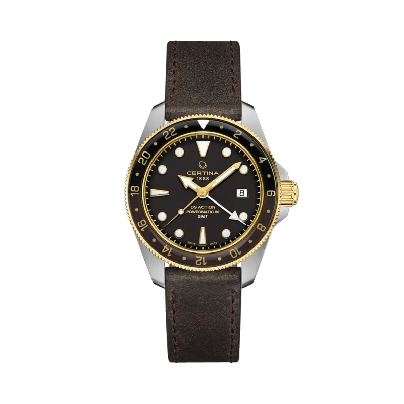 Certina DS Action GMT Powermatic 80 herreklokke med sort skive, skinnrem og GMT-funksjon.