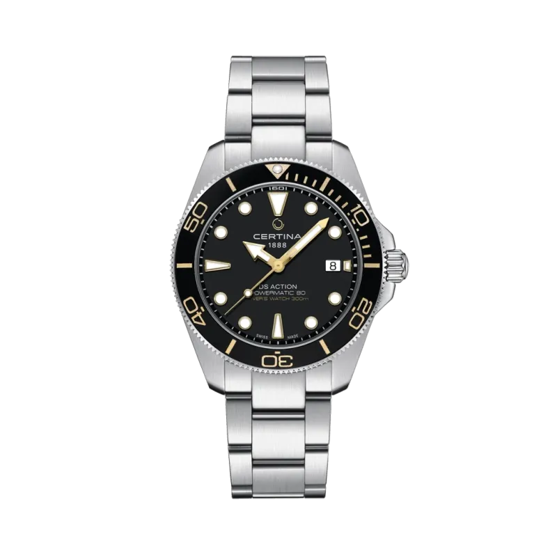 Certina DS Action Diver Powermatic 80 C048.407.11.051.01herreklokke med sort skive og kasse og lenke i stål.
