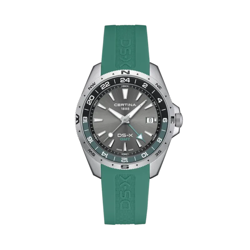 Certina DS-X GMT C047.452.17.081.00 herreklokke med grå skive, grønn gummirem, kasse i stål og GMT-funksjon.
