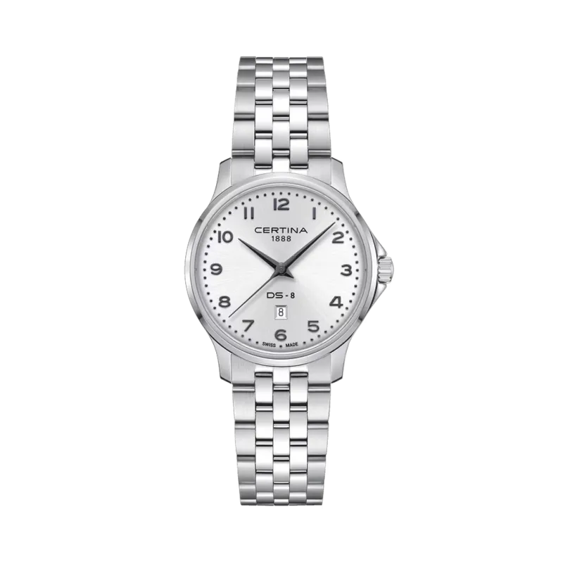 Certina DS-8 Lady C045.010.11.032.00 dameklokke på 31 mm med sølvfarget skive, skinnrem og quartzverk. 100 meter vanntett.