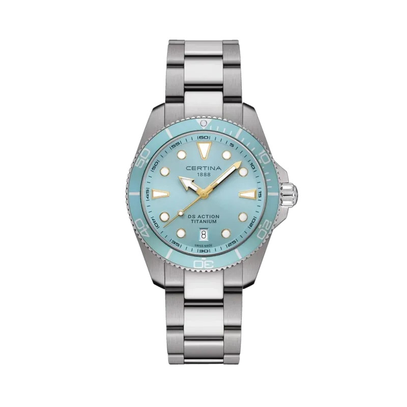 Certina DS Action C048.410.44.351.00 herreklokke på 40 mm i titan med quartzverk og blå bezel.