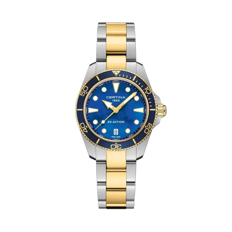 Certina DS Action dameklokke C048.210.22.131.00 på 34,5 mm i stål. Den har quartzverk, blå perlemorskive og PVD belagt lenke med foldelås.