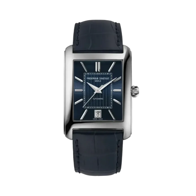 Frederique Constant automatisk rektangulær herreklokke i stål med skinnrem