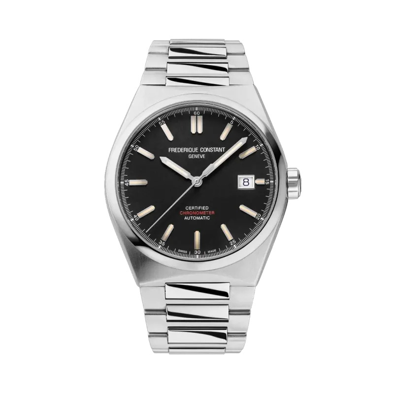 Frederique Constant Highlife COSC med autoamtisk verk, sort skive og kasse og lenke i stål. 