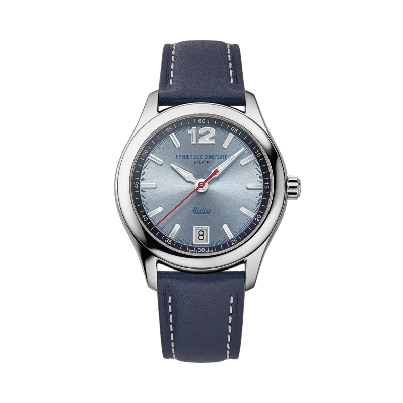 Frederique Constant Classics Vintage Rally Healey dameklokke med lysblå skive, kasse i stål og blå skinnrem