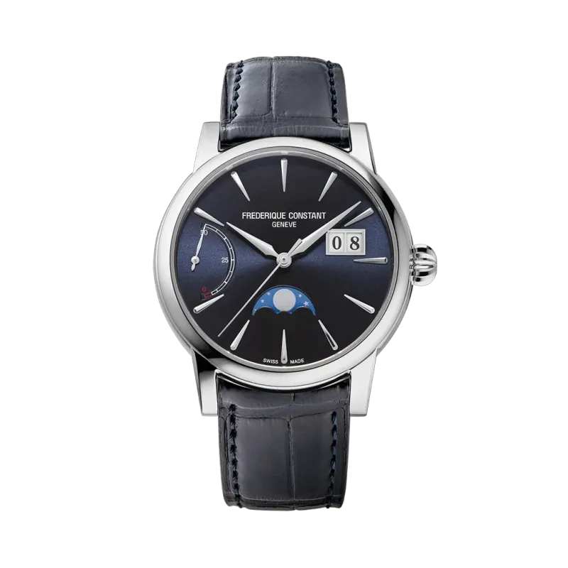 Frederique Constant Classic Power Reserve Big Date Manufacture pent herreur med månefase, gangreserveindikator og dato på skiven.
