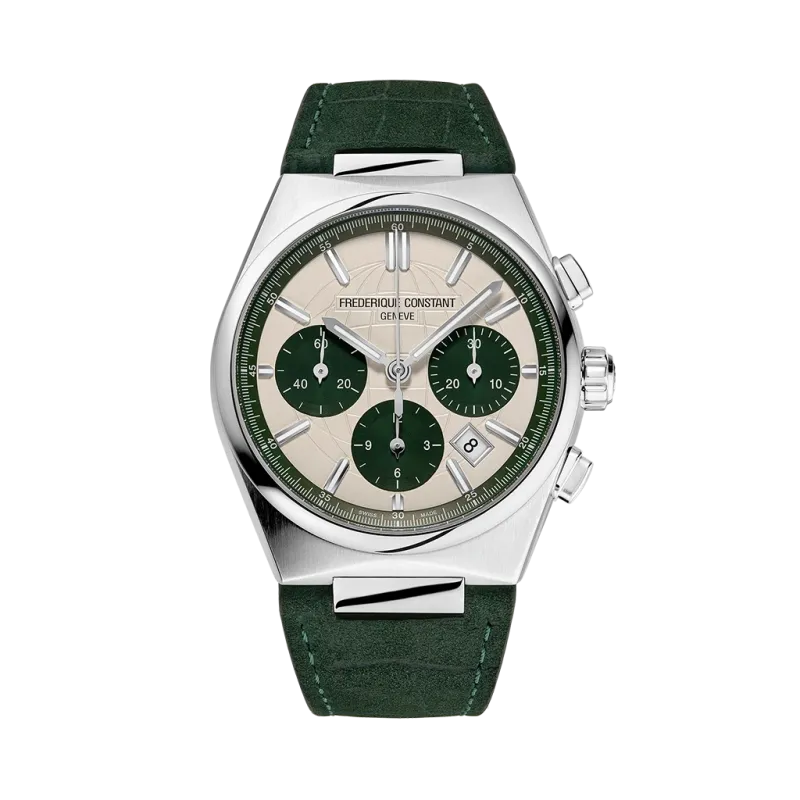 Frederique Constant Highlife Chronograph FC-391SGR4NH6 limitert herreklokke på 41 mm med grønn chronograph og kommer med skinnrem og lenke.