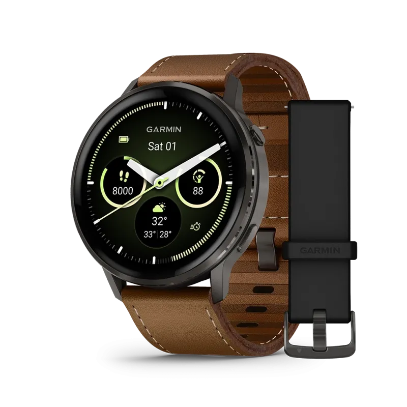 Garmin Venu 4 - 45 mm 010-03014-03 til herre i stål med AMOLED-skjerm, skinnrem og ekstra silikonrem. Opptil 12 dagers batteritid.