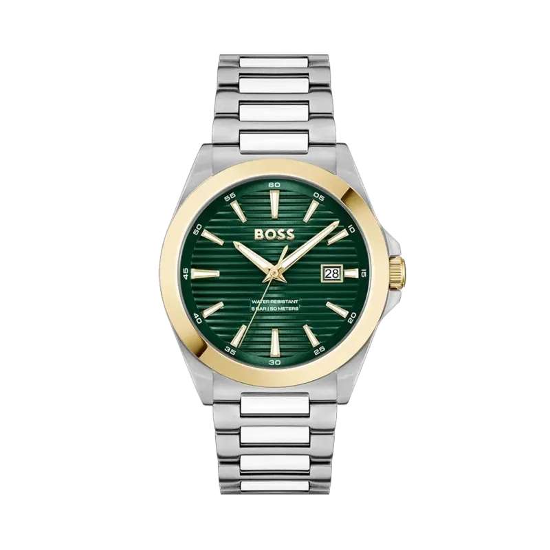 Hugo Boss herreklokke med grønn urskive, gull bezel og stållenke - urmakerlarsen.no