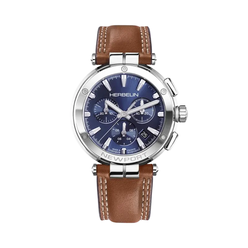 Herbelin Newport herreklokke med quartverk, blå skive og skinnrem