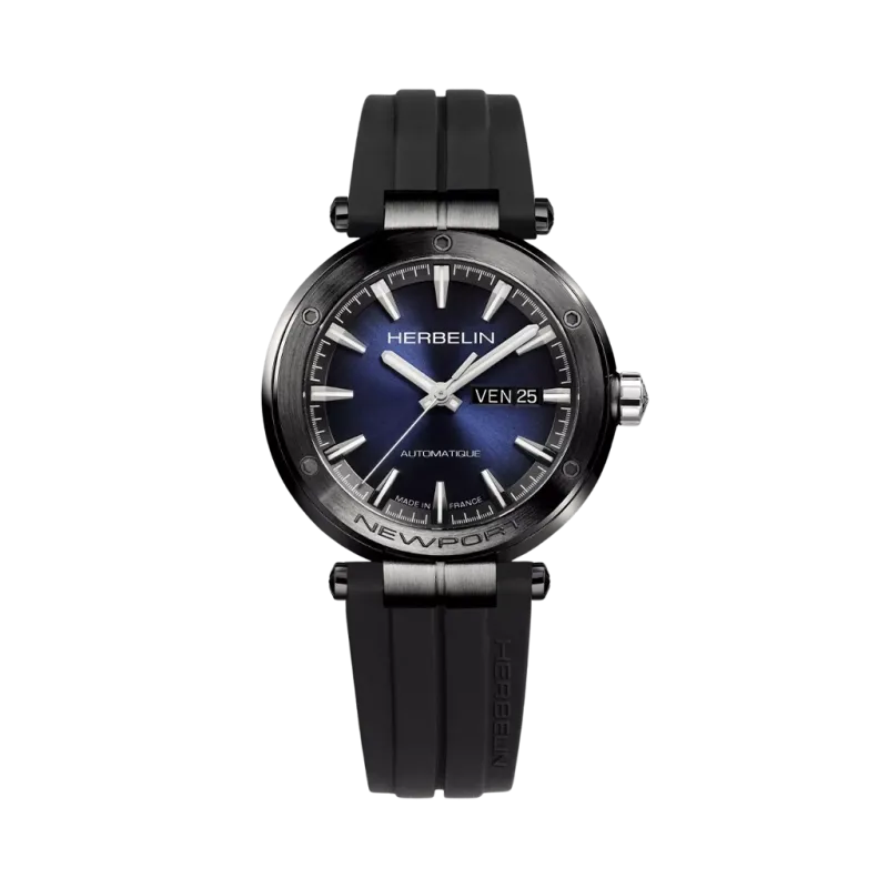 Herbelin Newport herreklokke med automatisk verk, blå skive og sort gummirem