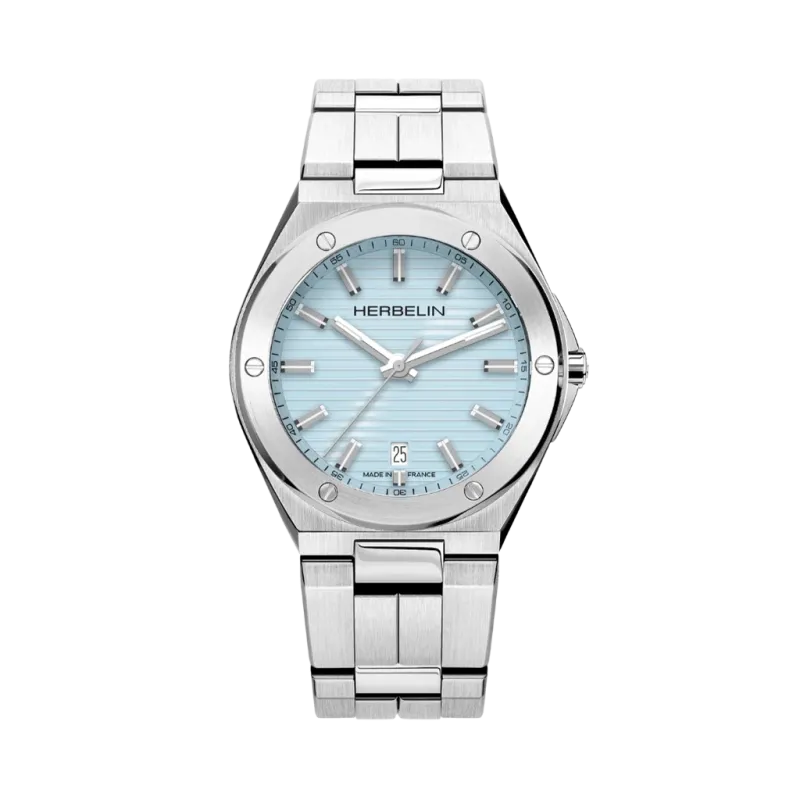Herbelin Cap Camarat 12245B25 herreklokke på 40,5 mm med lysblå skive, kasse og lenke i stål og quartzverk.