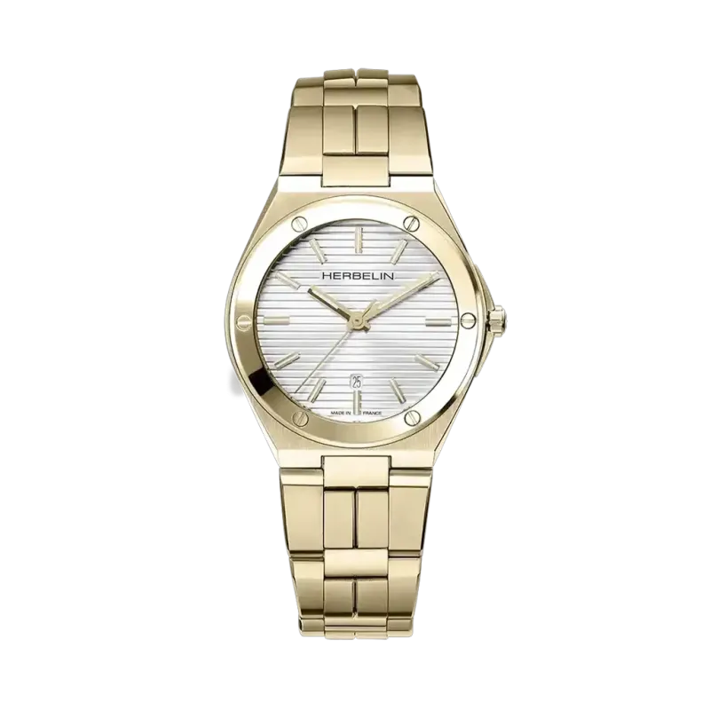 Herbelin Cap Camarat 14545BP1N11 er en gullfarget dameklokke i stål med sølvfarge tallskive, lenke og quartzverk.