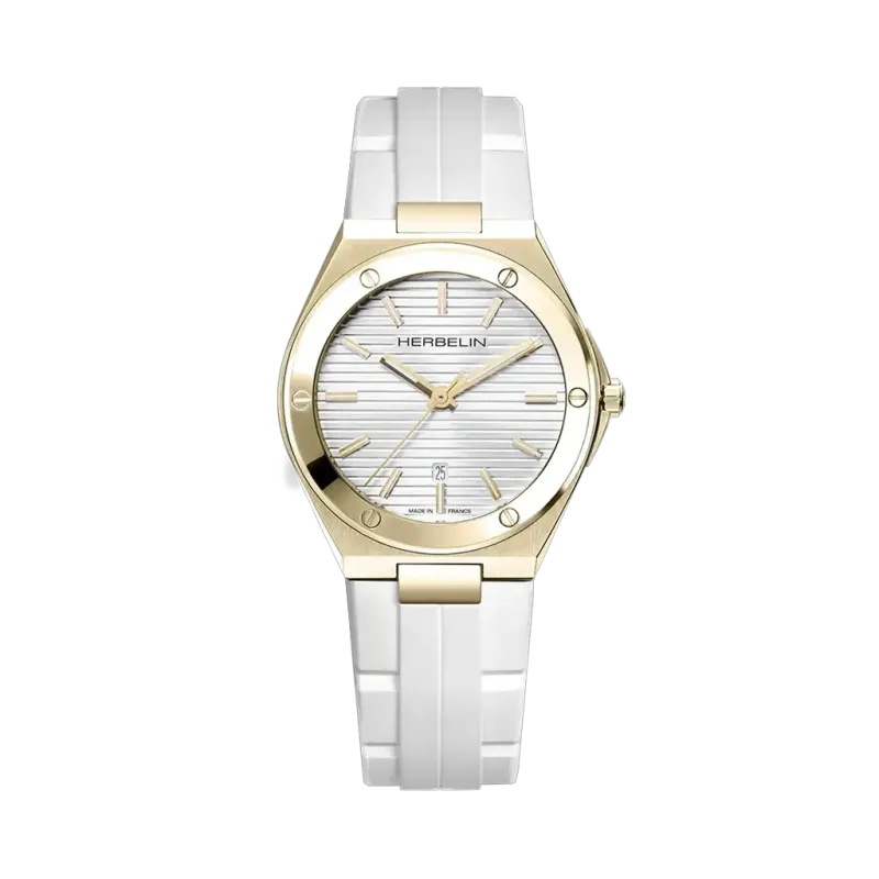 Herbelin Cap Camarat 14545P1N11CW er en sporty dameklokke med gullfarget kasse, hvit gummirem og quartzverk.