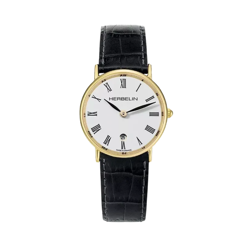 Herbelin Classique 16845P01 er en dameklokke med quartzverk, hvit skive med romertall og sort skinnrem.