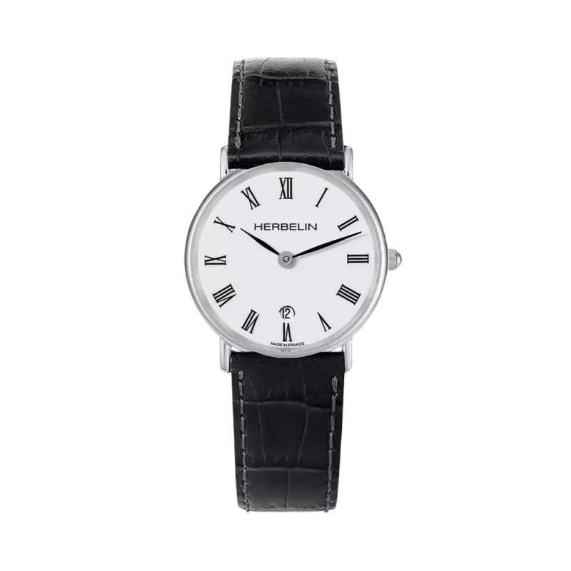 Herbelin Classique 16845AP01 er en dameklokke i stål med hvit tallskive med romertall, quartzverk og sort skinnrem.