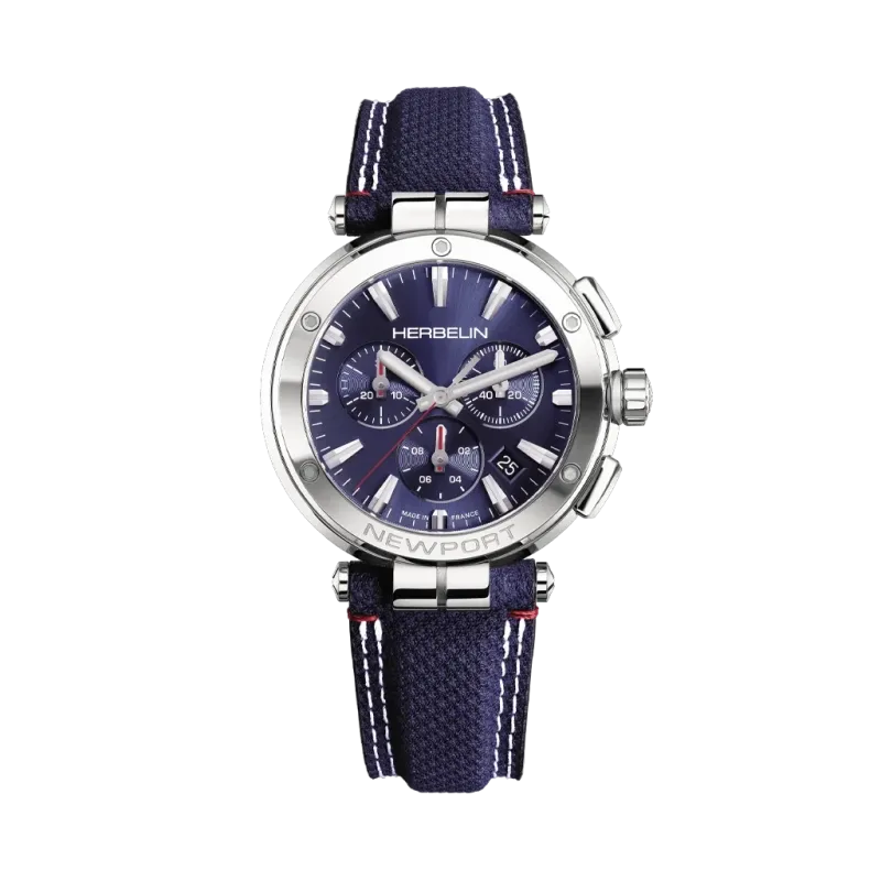 Herbelin Newport Chrono 37658AP15BL herreklokke på 40,5 mm med blå tallskive, tekstilrem og quartzverk.