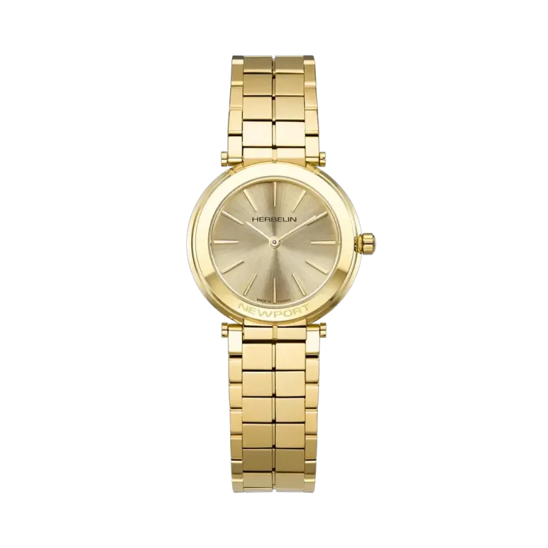 Herbelin Newport Slim 16922BP13 dameklokke i gullfarget stål med champagnefarget skive og quartzverk.