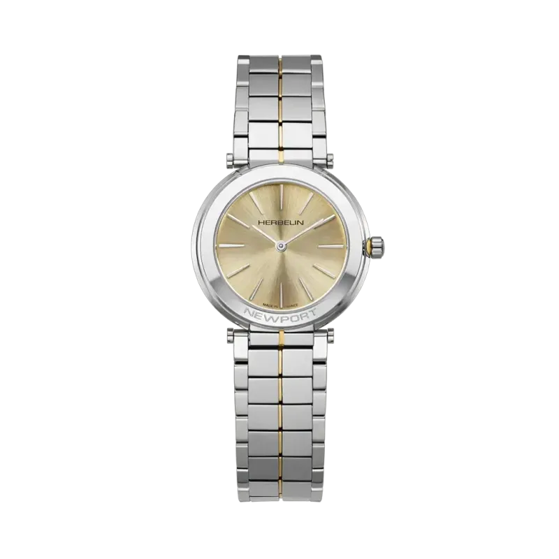 Herbelin Newport Slim 16922BT13 dameklokke i stål med tofarget lenke, champagnefarget skive og quartzverk.