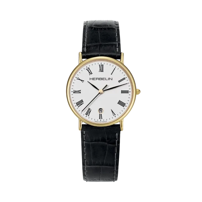 Herbelin Classique dameklokke med hvit skive, romertall, gullfarget kasse, skinnrem og quartzverk.