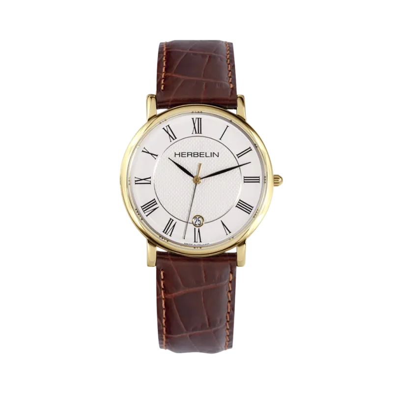 Herbelin Classique dameur med hvit skive med romertall, gullfarget kasse, brun skinnrem og quartzverk.