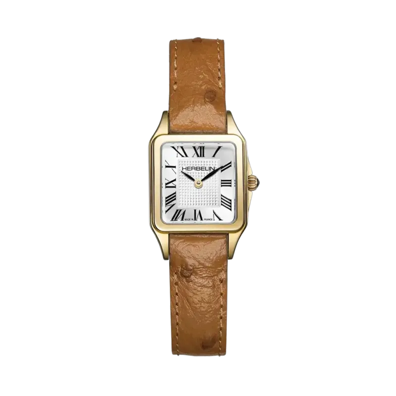 Herbelin Luna Mini dameur i gullfarget stål med brun skinnrem, sølvfarget skive og quartzverk.
