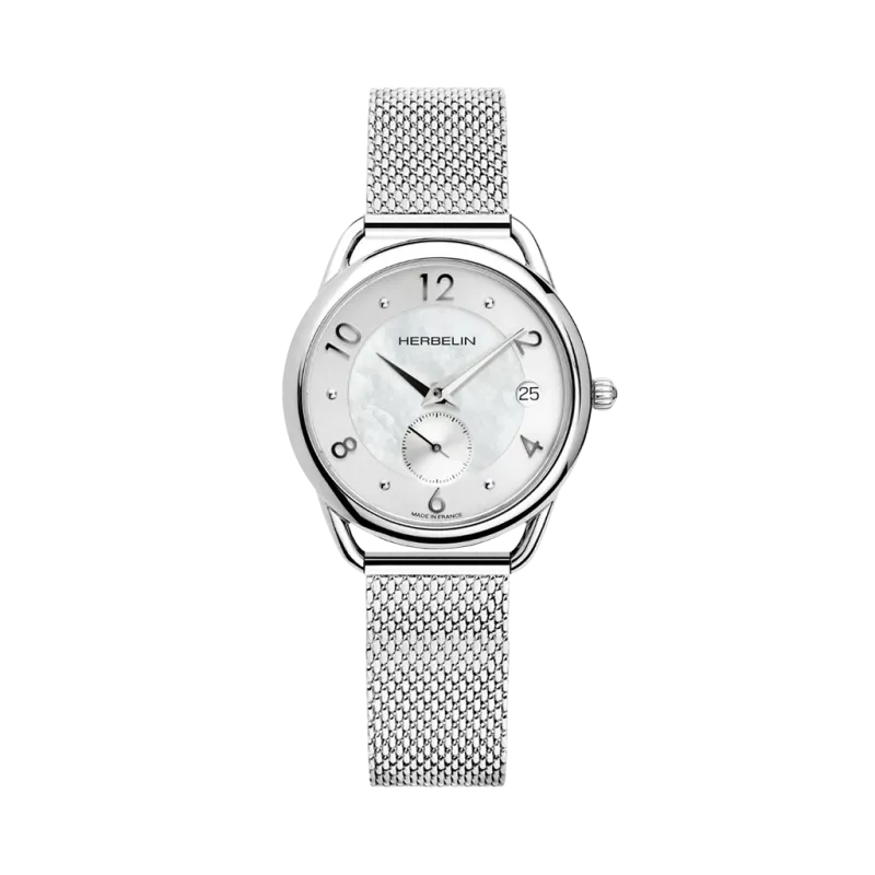 Herbelin Equinoxe dameklokke med hvit perlemorskive, kasse og lenke i stål og quartzverk.