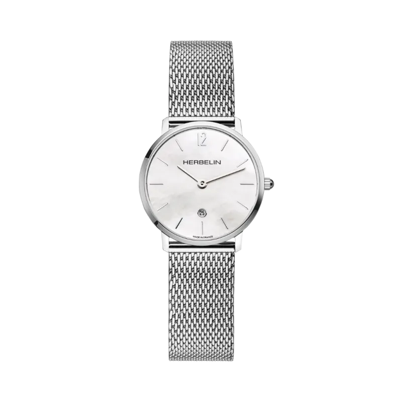 Herbelin City 16915AP19B dameklokke med diameter på 30,5 mm, hvit perlemorskive, stållenke og quartzverk.