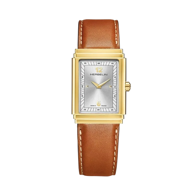 Herbelin Art Deco 1925's herreklokke med gullfarget kasse, sølvfarget skive, brun skinnrem og quartzverk. 