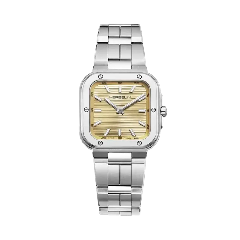 Herbelin Cap Camarat Square dameklokke i stål med champagnefarget skive, lenke og quartzverk.