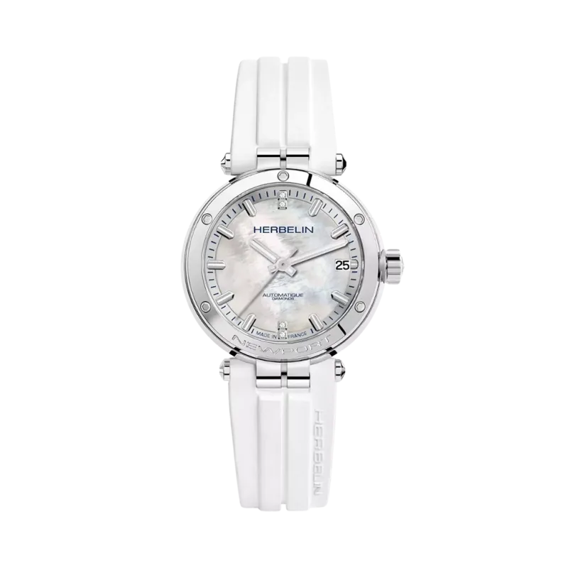 Herbelin Newport dameklokke med hvit perlemorskive, hvit gummirem og automatisk verk.