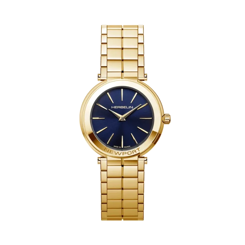 Herbelin Newport Slim dameklokke på 32 mm med blå skive, gullfarget stål og quartzverk.