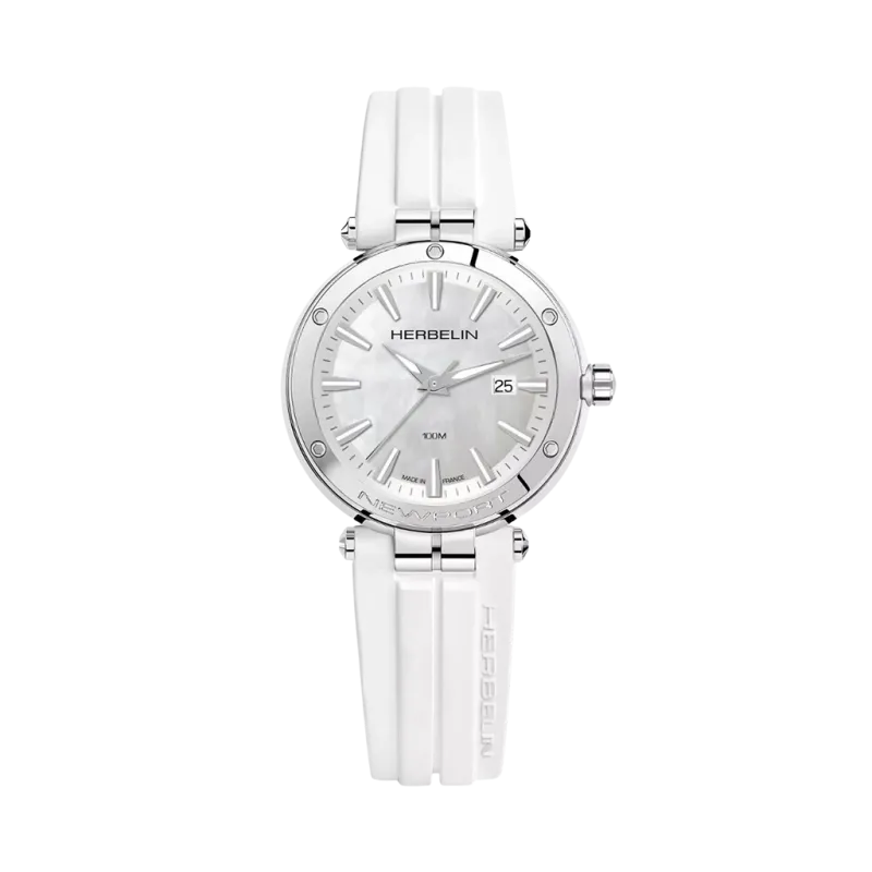Herbelin Newport 14288AP19CW er en sporty dameklokke med hvit perlemorskive, hvit gummirem og quartzverk.