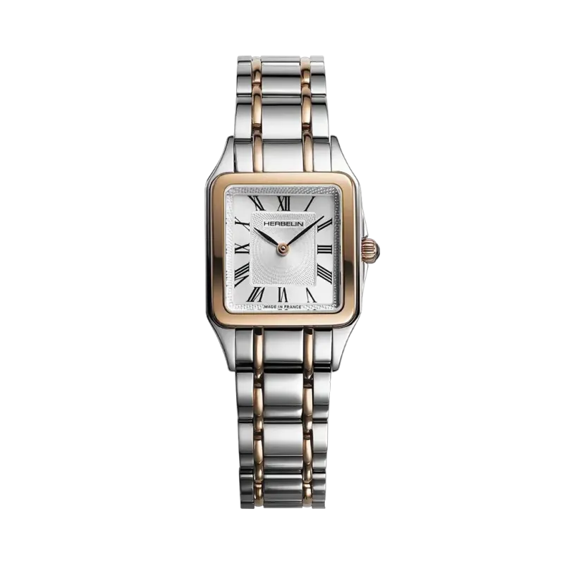 Herbelin Luna 17457BTR01 firkantet klassisk dameklokke i tofarget stål med lenke og quartzverk.
