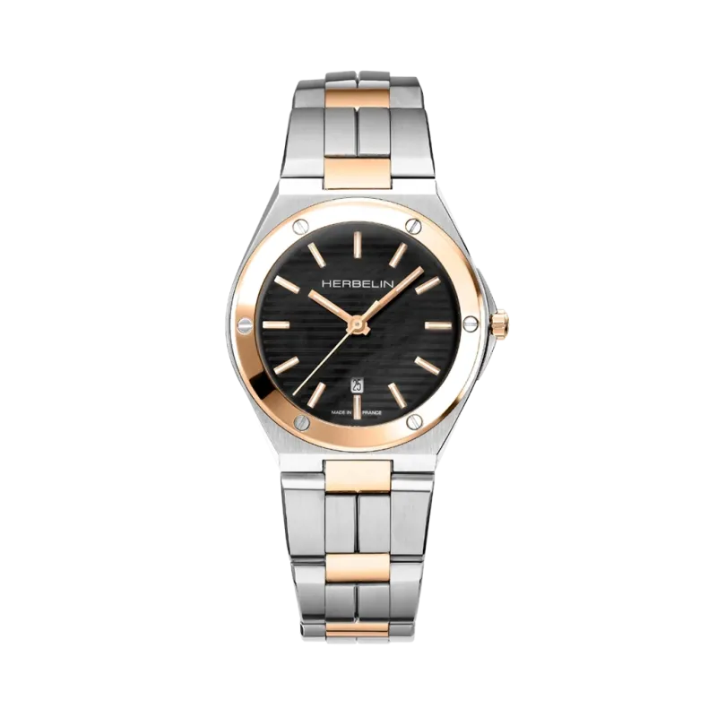 Herbelin Cap Camarat 14545btr49 dameklokke på 33 mm med kasse og lenke i stål og gullfarget PVD belegg. Sort tallskive. 