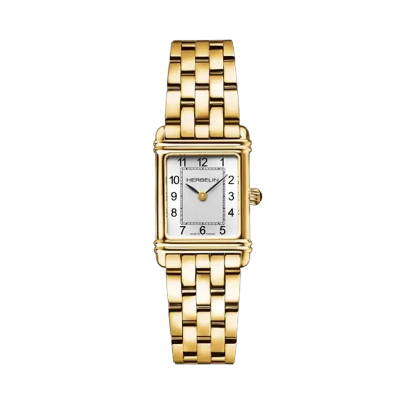 Herbelin Art Deco 17478BP22 er en rektangulær klokke til dame i gullfarget stål med lys tallskive og quartzverk.