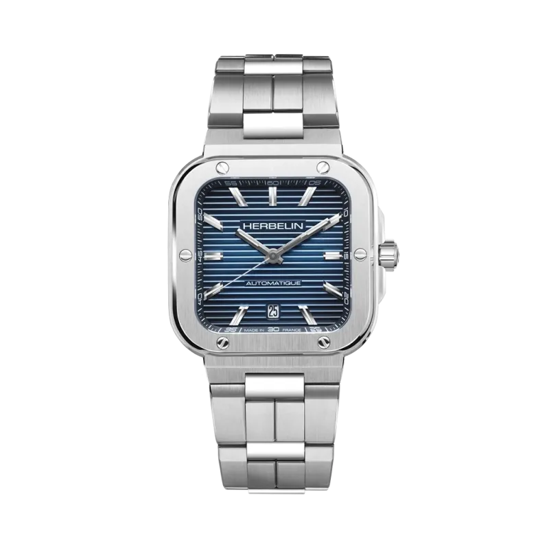 Herbelin Cap Camarat Square 1646b15 herreklokke med størrelse på 39 x 39 mm, kasse og lenke i stål, blå tallskive og automatikkverk. 