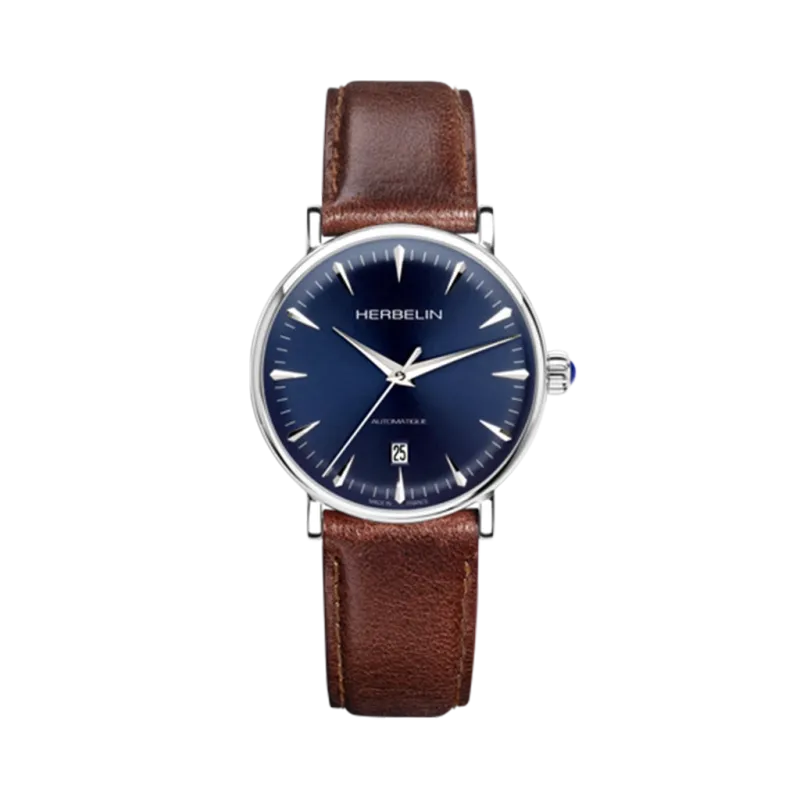 Herbelin Inspiration 1647AP15BR dressklokke til herre med blå skive, brun skinnrem og automatikkverk.