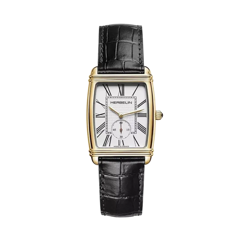 Herbelin Art Deco 10638P08 dameklokke 30x35,5 mm med gull PVD kasse, hvit skive med romertall og mørk skinnrem.
