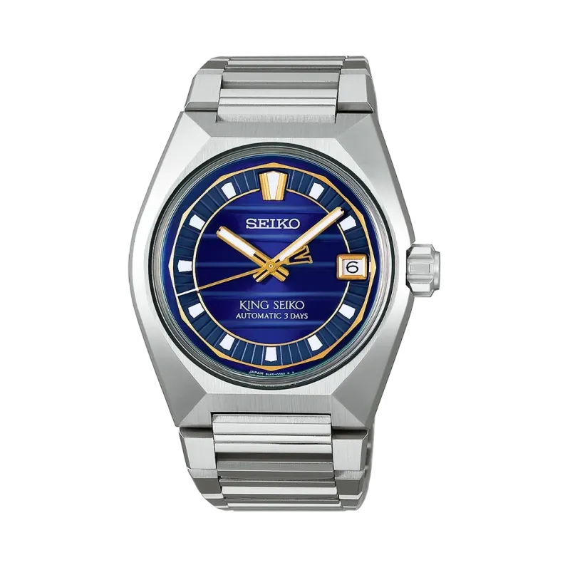 King Seiko Vanac herreklokke med automatisk verk, blå tallskive og kasse og lenke i stål