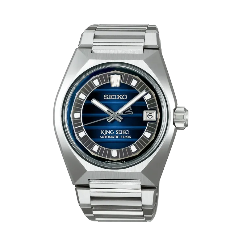 King Seiko Vanac herreklokke med automatisk verk, blå tallskive og kasse og lenke i stål