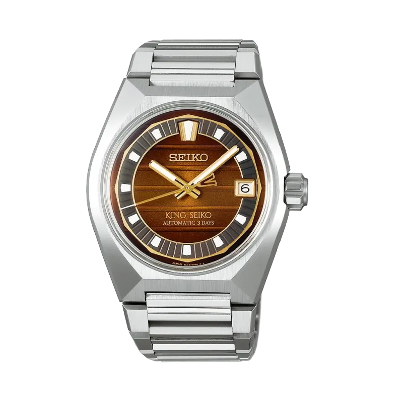 King Seiko Vanac herreklokke med automatisk verk, brun tallskive og kasse og lenke i stål. Limited edition.