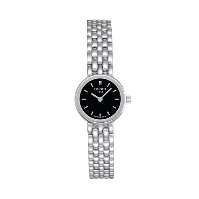 Tissot Lovely dameklokke på 19,5 mm med sort skive i stål. 30 meter vanntett.