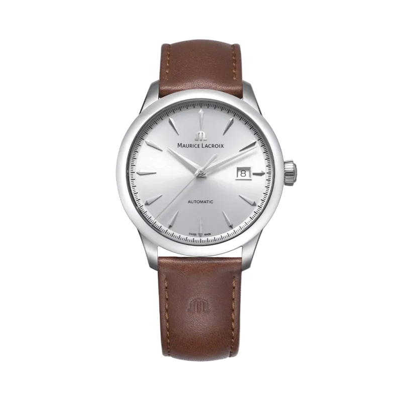 Maurice Lacroix 1975 dressklokke til herre på 43 mm. Automatisk verk med 30 timer gangreserve. Sølv skive og brun rem.