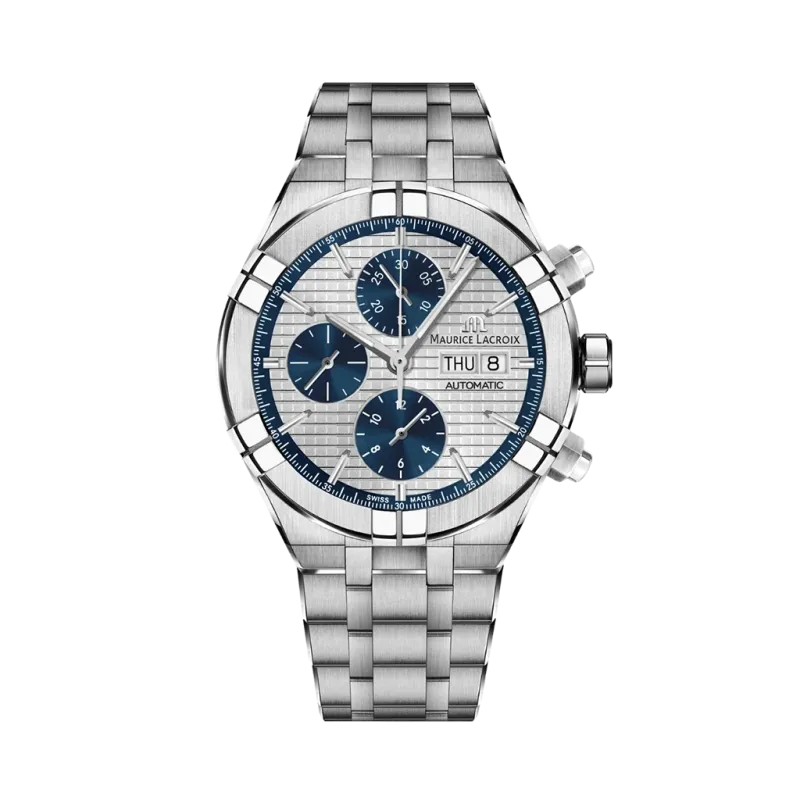 Maurice Lacroix Aikon Chronograph AI6038-SS002-131-1 herreklokke på 44 mm med grå skive, blå kronografer, stållenke og automatisk verk.