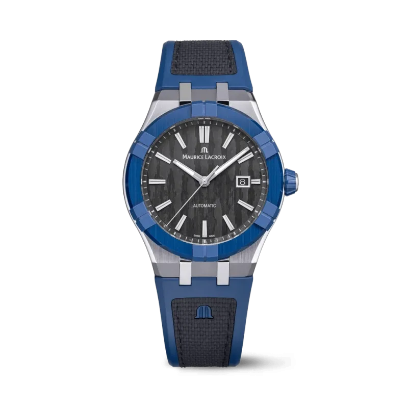 Maurice Lacroix Aikonic til herre på 43 mm med automatisk verk, sort tallskive og gummirem.