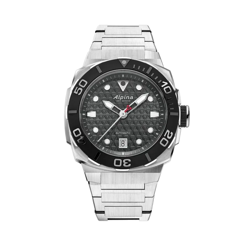 Alpina Seastrong Diver Extreme Automatic herreklokke med grå skive, kasse og lenke i stål. 