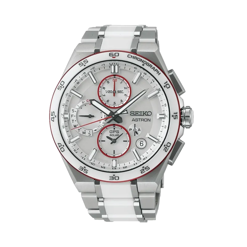 Seiko Astron GPS Solar SSH173 i titan til herre på 43,3 mm. Hvit skive med chronographer, titanlenke, wold time-funksjon og perpetualkalender.